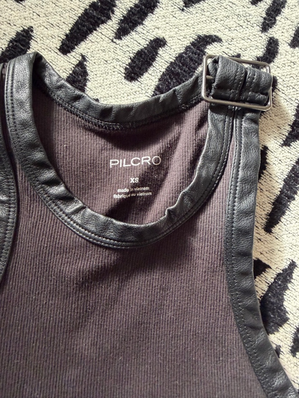 Pilcro Black Ribbed Tank with Faux-Leather Trim